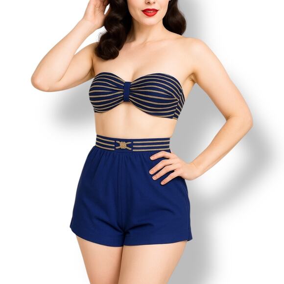 Vintage 80s Nautical Blue Gold Stripe High Waist Swimsuit Playsuit Size 10 USA - Picture 12 of 12